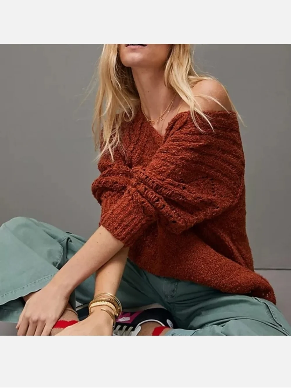 Anthropoligie Pilcro Chunky Off-Shoulder Rust Sweater - Women's Cozy Pullover - Picture 1 of 11